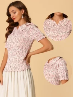 Allegra K Women's Peter Pan Collar Smocked Puff Short Sleeve Ruffle Floral Blouse