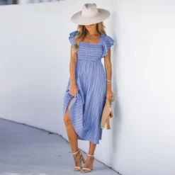 Women's Pinstriped Smocked Midi Dress - Cupshe -Dresses City Shop GUEST 00b3d0f4 149b 46c9 bb87 a36d9776f9c5