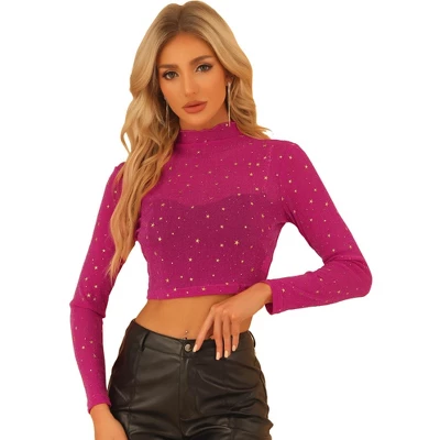 Allegra K Women's Mesh Crop Stars Mock Neck Party See Through Blouse 9 Allegra K Women's Mesh Crop Stars Mock Neck Party See Through Blouse - Image 7