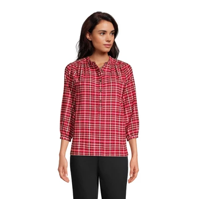 Lands' End Women's Flannel 3/4 Sleeve Smocked Shoulder Popover Shirt 5 Lands' End Women's Flannel 3/4 Sleeve Smocked Shoulder Popover Shirt - Image 3