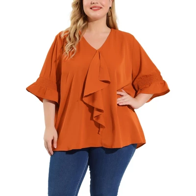Agnes Orinda Women' S Plus Size V Neck Ruffle Smocked Sleeve Blouses 12 Agnes Orinda Women' S Plus Size V Neck Ruffle Smocked Sleeve Blouses - Image 10