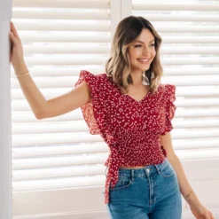 Women's Ruffle Lace Up Smocking Blouse - Cupshe -Dresses City Shop GUEST 07193cd3 5001 4496 8ccb 299a6467ea0f