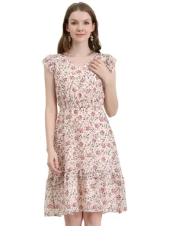 Allegra K Women's Floral Flutter Sleeves V Neck Smocked Ruffle Dress -Dresses City Shop GUEST 083fba00 311f 401c a182 1a0b9d56a30e