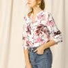 Allegra K Women's Floral Loose Tops V Neck Long Sleeve Button-Up Blouse