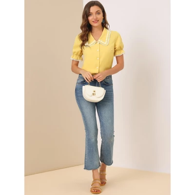 Allegra K Women's Sweet Peter Pan Contrast Collar Short Sleeves Button Up Blouse Tops 4 Allegra K Women's Sweet Peter Pan Contrast Collar Short Sleeves Button Up Blouse Tops - Image 2