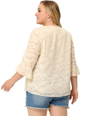 Agnes Orinda Plus Size Top For Women 3/4 Flare Sleeve V Neck Semi Sheer Blouses 5 Agnes Orinda Plus Size Top For Women 3/4 Flare Sleeve V Neck Semi Sheer Blouses - Image 3