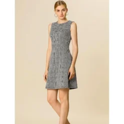 Allegra K Women's Plaid Tweed Sleeveless Fit And Flare Houndstooth Work Dresses