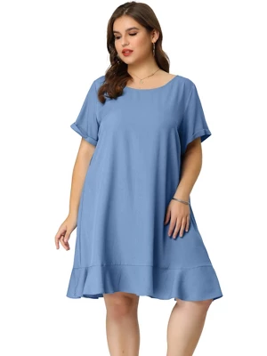 Agnes Orinda Women's Plus Size Belt Waist Ruffle Hem Chambray Shirt Dress 5 Agnes Orinda Women's Plus Size Belt Waist Ruffle Hem Chambray Shirt Dress - Image 3