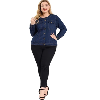 Agnes Orinda Women's Plus Size Jean Jacket Long Sleeves Collarless Denim Jacket 4 Agnes Orinda Women's Plus Size Jean Jacket Long Sleeves Collarless Denim Jacket - Image 2
