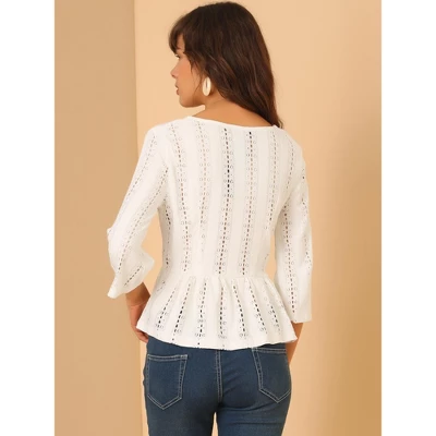 Allegra K Women's Solid Lace Lightweight Blouse V Neck 3/4 Sleeve Peasant Peplum Top 5 Allegra K Women's Solid Lace Lightweight Blouse V Neck 3/4 Sleeve Peasant Peplum Top - Image 4
