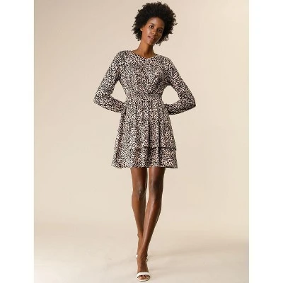 Allegra K Women's Leopard Print Crew Neck Smock Waist Long Sleeve Ruffle Mini Dress 4 Allegra K Women's Leopard Print Crew Neck Smock Waist Long Sleeve Ruffle Mini Dress - Image 2