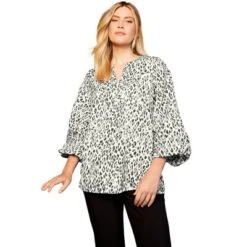 June + Vie By Roaman's Women’s Plus Size Split-Neck Blouson-Sleeve Top