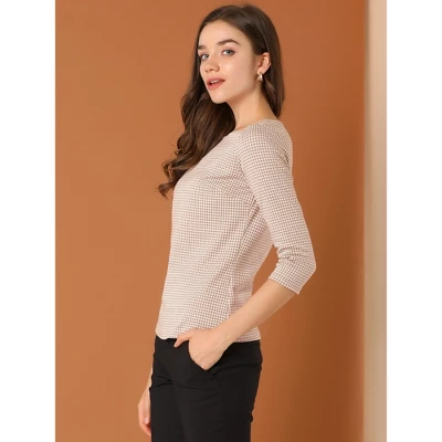 Allegra K Women's Work Office 3/4 Sleeve Boat Neck Houndstooth Printed Top Blouse 5 Allegra K Women's Work Office 3/4 Sleeve Boat Neck Houndstooth Printed Top Blouse - Image 3