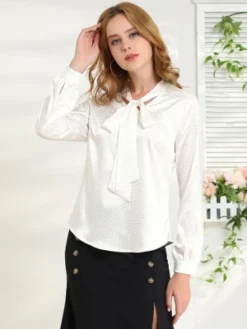 Allegra K Women's Irregular Dotted Printed Work Long Sleeve Front Tie V Neck Blouse -Dresses City Shop GUEST 125d95d4 29e7 4251 9f9c 79c6f8acd9d9