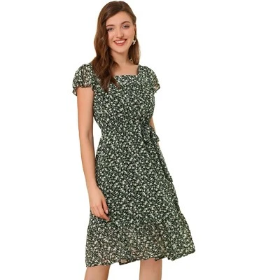 Allegra K Women's Floral Chiffon Flutter Sleeve Belted Square Neck Ruffled Hem Dress 8 Allegra K Women's Floral Chiffon Flutter Sleeve Belted Square Neck Ruffled Hem Dress - Image 6