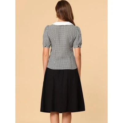 Allegra K Women's Plaid Puff Sleeve Blouse Contrast Collar Button Down Shirt Tops 6 Allegra K Women's Plaid Puff Sleeve Blouse Contrast Collar Button Down Shirt Tops - Image 4