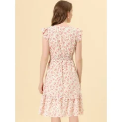 Allegra K Women's Floral Flutter Sleeves V Neck Smocked Ruffle Dress -Dresses City Shop GUEST 13cacbec 7b60 4baf a093 752372fe5728