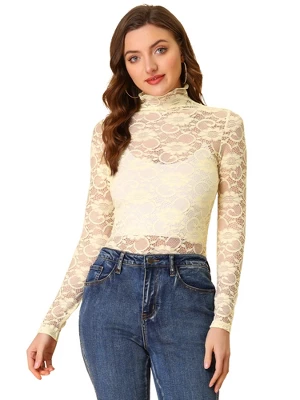 Allegra K Women's See Through Long Sleeve Turtleneck Sheer Floral Lace Blouse 14 Allegra K Women's See Through Long Sleeve Turtleneck Sheer Floral Lace Blouse - Image 12