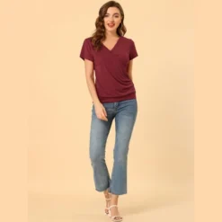 Allegra K Women's Wrap V Neck Short Sleeve Button Decor Ruched Blouses