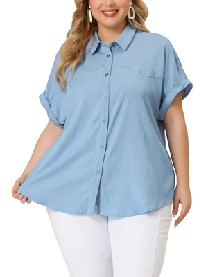 Agnes Orinda Women's Plus Size Chambray Work Roll Sleeves Buttons Down Shirts 5 Agnes Orinda Women's Plus Size Chambray Work Roll Sleeves Buttons Down Shirts - Image 3