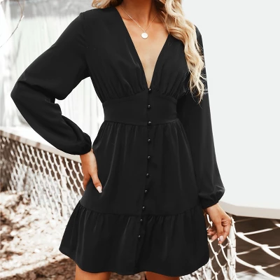 Women's Plunge Neck Button Loop Mini Dress - Cupshe 3 Women's Plunge Neck Button Loop Mini Dress - Cupshe