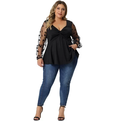 Agnes Orinda Women's Plus Size Heart Sheer Long Sleeve Mesh V Neck Peplum Blouse 4 Agnes Orinda Women's Plus Size Heart Sheer Long Sleeve Mesh V Neck Peplum Blouse - Image 2