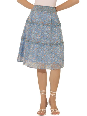 Allegra K Women's Floral Print Smocked Elastic Waist Knee Length Flowy Tiered Ruffle Skirt 13 Allegra K Women's Floral Print Smocked Elastic Waist Knee Length Flowy Tiered Ruffle Skirt - Image 11
