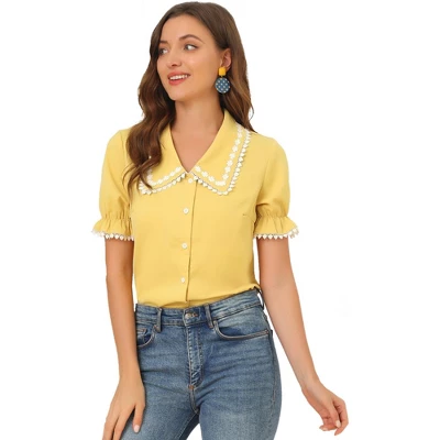Allegra K Women's Sweet Peter Pan Contrast Collar Short Sleeves Button Up Blouse Tops 3 Allegra K Women's Sweet Peter Pan Contrast Collar Short Sleeves Button Up Blouse Tops