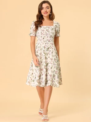 Allegra K Women's Floral Square Neck Midi Smocked A-line Dress 4 Allegra K Women's Floral Square Neck Midi Smocked A-line Dress - Image 2