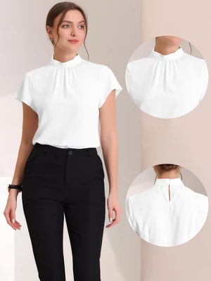 Allegra K Women's Mock Neck Pleated Elegant Office Solid Cap Sleeve Blouse 3 Allegra K Women's Mock Neck Pleated Elegant Office Solid Cap Sleeve Blouse