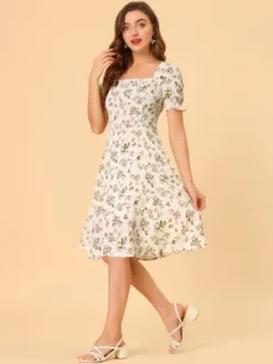 Allegra K Women's Floral Square Neck Midi Smocked A-line Dress