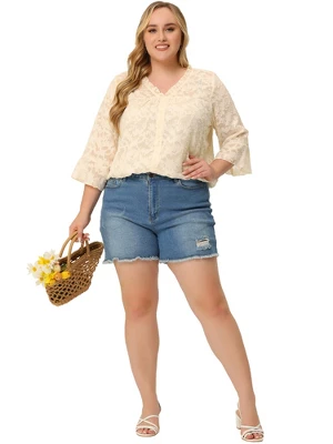 Agnes Orinda Plus Size Top For Women 3/4 Flare Sleeve V Neck Semi Sheer Blouses 4 Agnes Orinda Plus Size Top For Women 3/4 Flare Sleeve V Neck Semi Sheer Blouses - Image 2