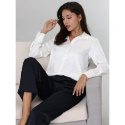 Hobemty Women's Point Collar Long Sleeves Button Down Satin Work Shirt -Dresses City Shop GUEST 25265f7d 6349 41e3 ae69 68367ec67cf4