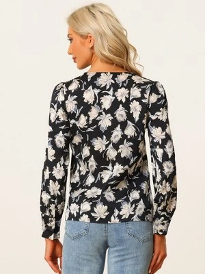 Allegra K Floral Blouse For Women's V Neck Button Up Long Sleeve Satin Blouses 4 Allegra K Floral Blouse For Women's V Neck Button Up Long Sleeve Satin Blouses - Image 2