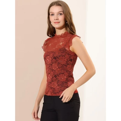 Allegra K Women's Sleeveless Blouse See Through Ruffle Semi Sheer Floral Lace Top 5 Allegra K Women's Sleeveless Blouse See Through Ruffle Semi Sheer Floral Lace Top - Image 3