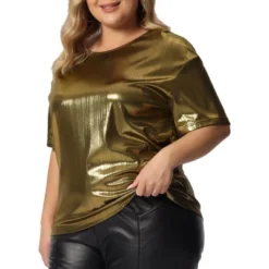 Agnes Orinda Women's Plus Size Metallic Holographic Concert Carival Party Blouse