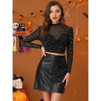 Allegra K Women's Mesh Crop Stars Mock Neck Party See Through Blouse 3 Allegra K Women's Mesh Crop Stars Mock Neck Party See Through Blouse
