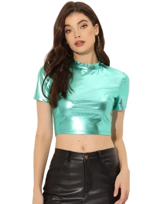 Allegra K Women's Party Short Sleeve Mock Neck Metallic Crop Top 13 Allegra K Women's Party Short Sleeve Mock Neck Metallic Crop Top - Image 11