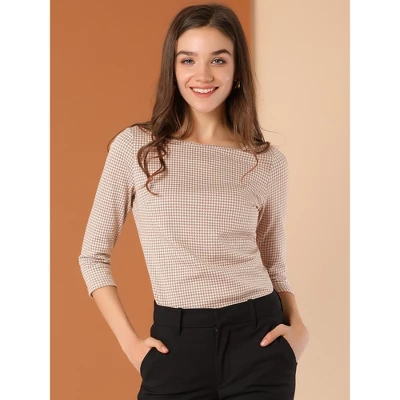 Allegra K Women's Work Office 3/4 Sleeve Boat Neck Houndstooth Printed Top Blouse 3 Allegra K Women's Work Office 3/4 Sleeve Boat Neck Houndstooth Printed Top Blouse