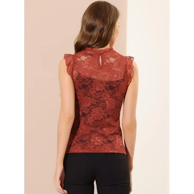 Allegra K Women's Sleeveless Blouse See Through Ruffle Semi Sheer Floral Lace Top 6 Allegra K Women's Sleeveless Blouse See Through Ruffle Semi Sheer Floral Lace Top - Image 4