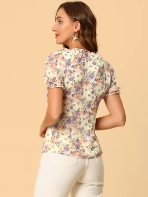 Allegra K Women's Ruffle V Neck Puff Short Sleeve Floral Blouse 4 Allegra K Women's Ruffle V Neck Puff Short Sleeve Floral Blouse - Image 2