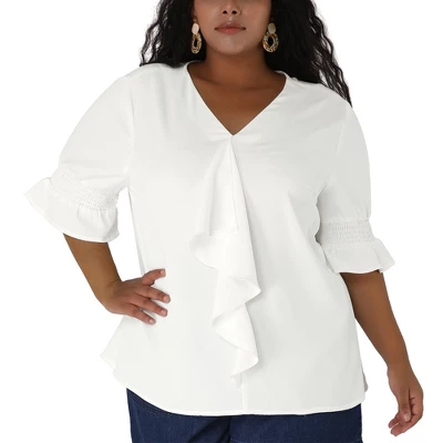 Agnes Orinda Women' S Plus Size V Neck Ruffle Smocked Sleeve Blouses 11 Agnes Orinda Women' S Plus Size V Neck Ruffle Smocked Sleeve Blouses - Image 9