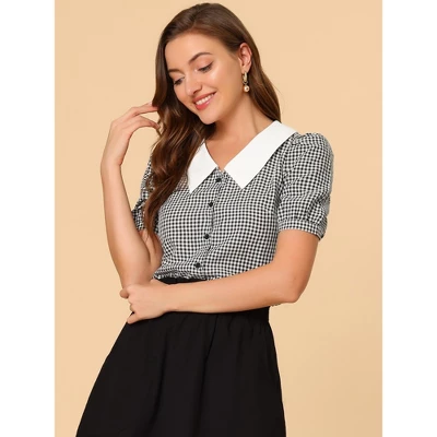 Allegra K Women's Plaid Puff Sleeve Blouse Contrast Collar Button Down Shirt Tops 3 Allegra K Women's Plaid Puff Sleeve Blouse Contrast Collar Button Down Shirt Tops