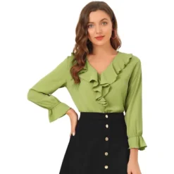 Allegra K Women's Office Work Ruffle V Long Sleeve Neck Chiffon Peasant Blouse -Dresses City Shop GUEST 2b8ad931 480c 4df0 a4b7 089abb8eaad2
