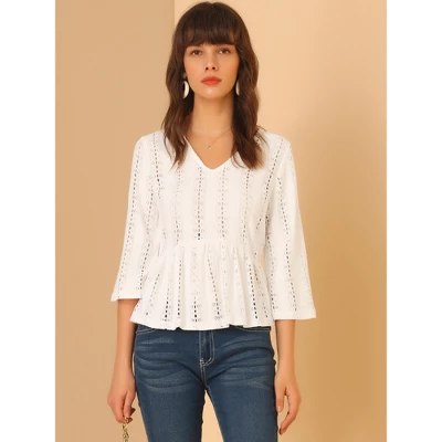 Allegra K Women's Solid Lace Lightweight Blouse V Neck 3/4 Sleeve Peasant Peplum Top 2 Allegra K Women's Solid Lace Lightweight Blouse V Neck 3/4 Sleeve Peasant Peplum Top