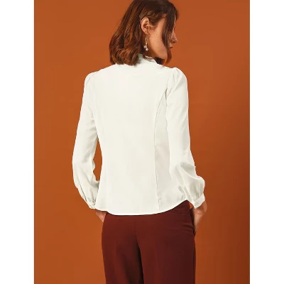 Allegra K Women's Peter Pan Collar Chiffon Bow Tie Neck Puff Sleeve Button Up Shirt 6 Allegra K Women's Peter Pan Collar Chiffon Bow Tie Neck Puff Sleeve Button Up Shirt - Image 4