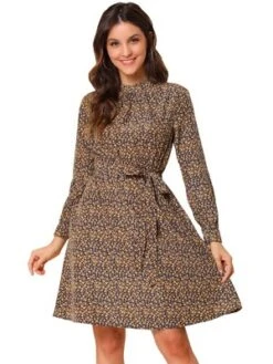 Allegra K Women's Mock Neck Swing Knee Length Long Sleeve A-line Floral Dress -Dresses City Shop GUEST 30c54328 47ba 4fd2 b2d0 1949c38691fc