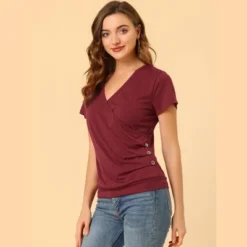 Allegra K Women's Wrap V Neck Short Sleeve Button Decor Ruched Blouses 13 Allegra K Women's Wrap V Neck Short Sleeve Button Decor Ruched Blouses -Dresses City Shop GUEST 3145c427 3a6b 4bcd 9c66 1d0332487b95