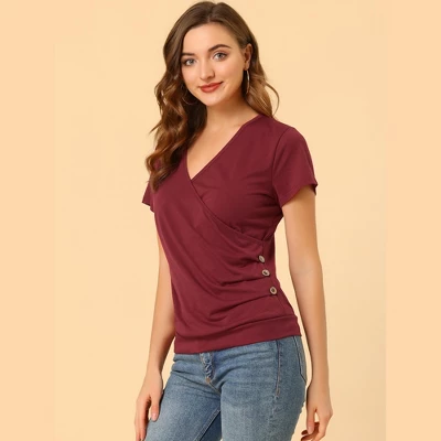Allegra K Women's Wrap V Neck Short Sleeve Button Decor Ruched Blouses 5 Allegra K Women's Wrap V Neck Short Sleeve Button Decor Ruched Blouses - Image 3