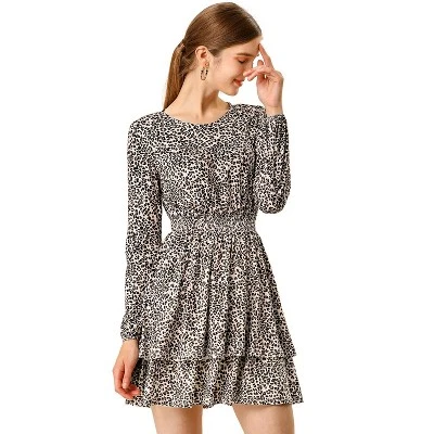 Allegra K Women's Leopard Print Crew Neck Smock Waist Long Sleeve Ruffle Mini Dress 8 Allegra K Women's Leopard Print Crew Neck Smock Waist Long Sleeve Ruffle Mini Dress - Image 6